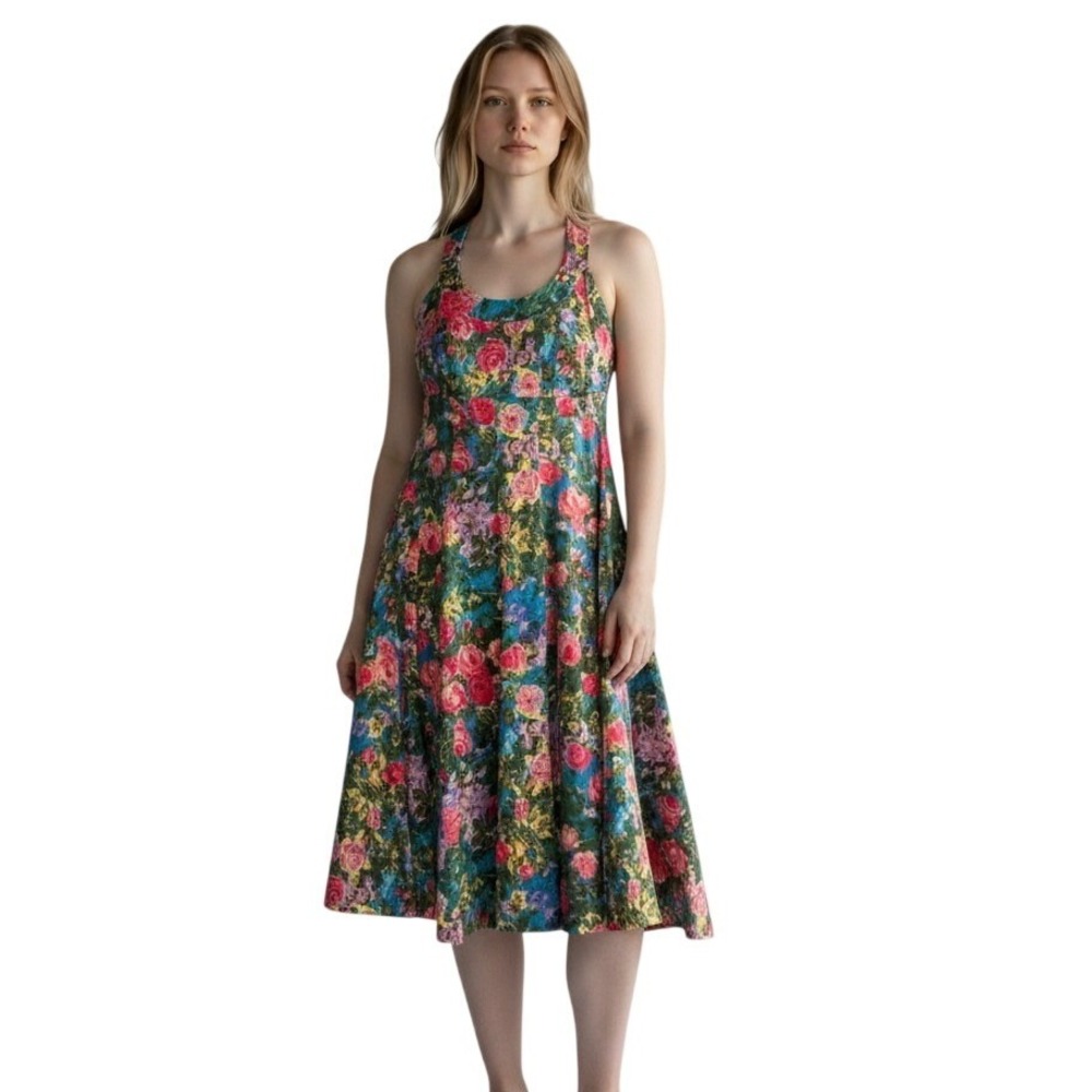 London Times Floral Halter Dress Blue Pink Red Green‎ Cotton Spandex Size 6